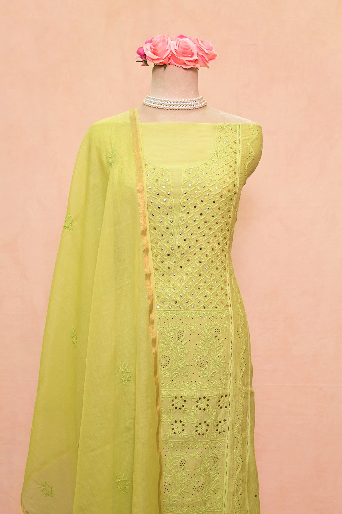 Light Green Chanderi Chikankari Suit