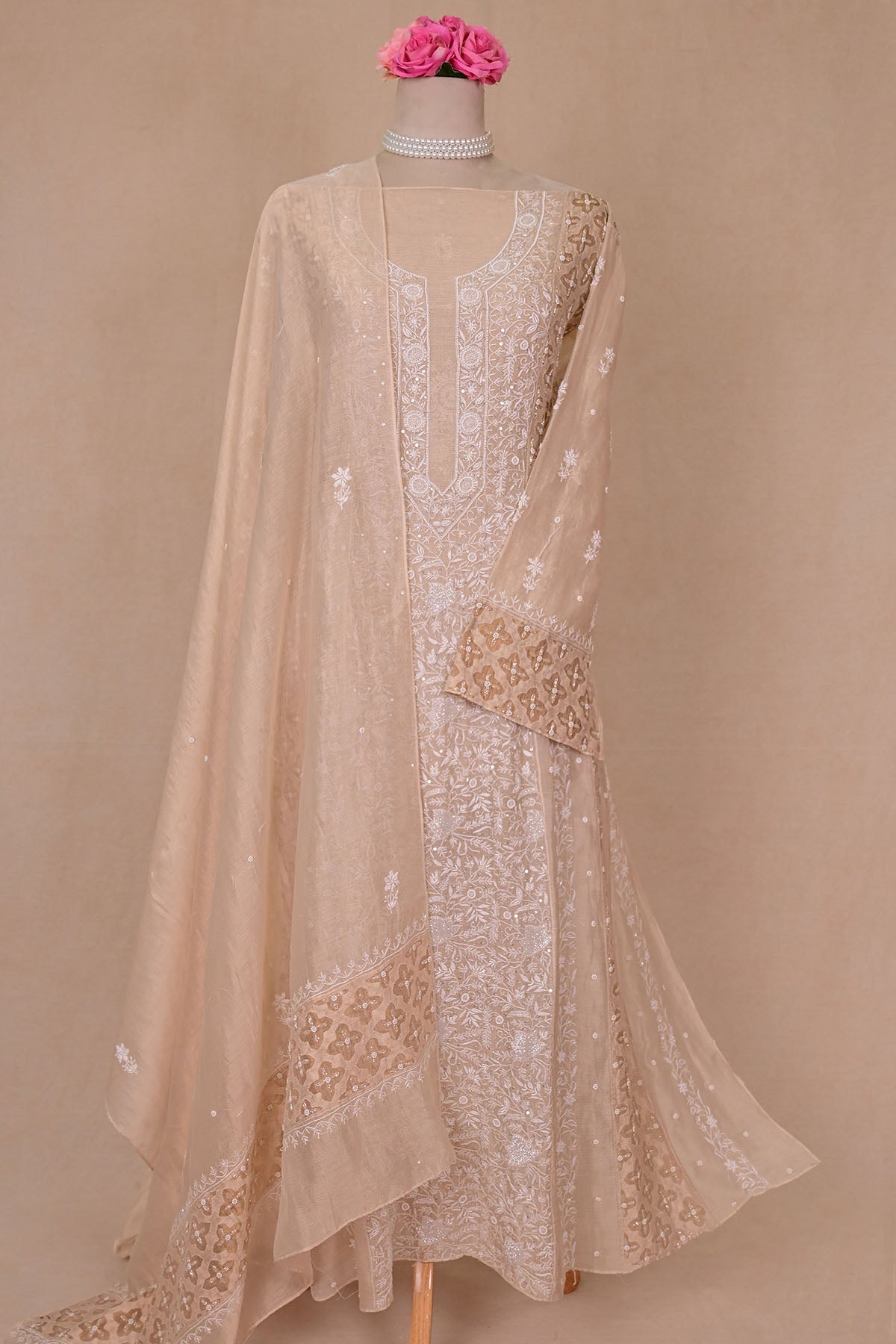 Beige Tissue Chanderi Chikankari Anarkali