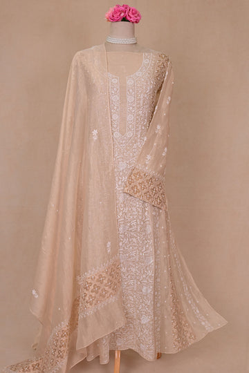 Beige Tissue Chanderi Chikankari Anarkali