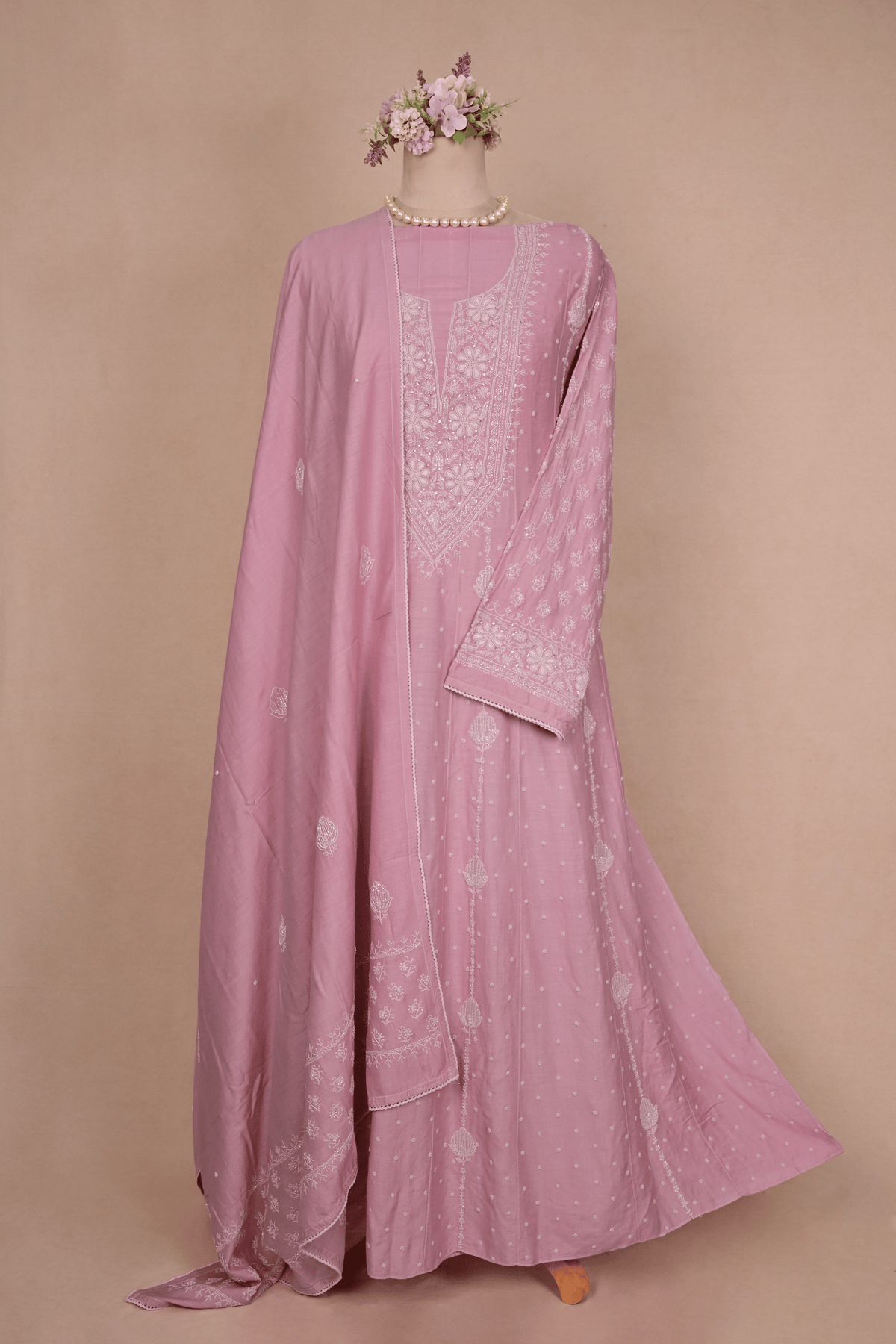 Rose Pink Moonga Chikankari Anarkali