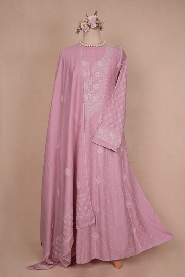 Rose Pink Moonga Chikankari Anarkali
