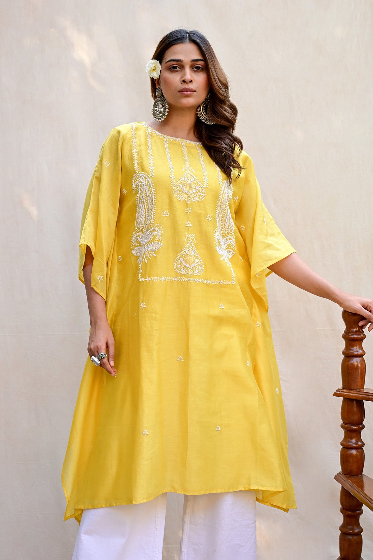 Lemon Yellow Chanderi Chikankari Kaftan