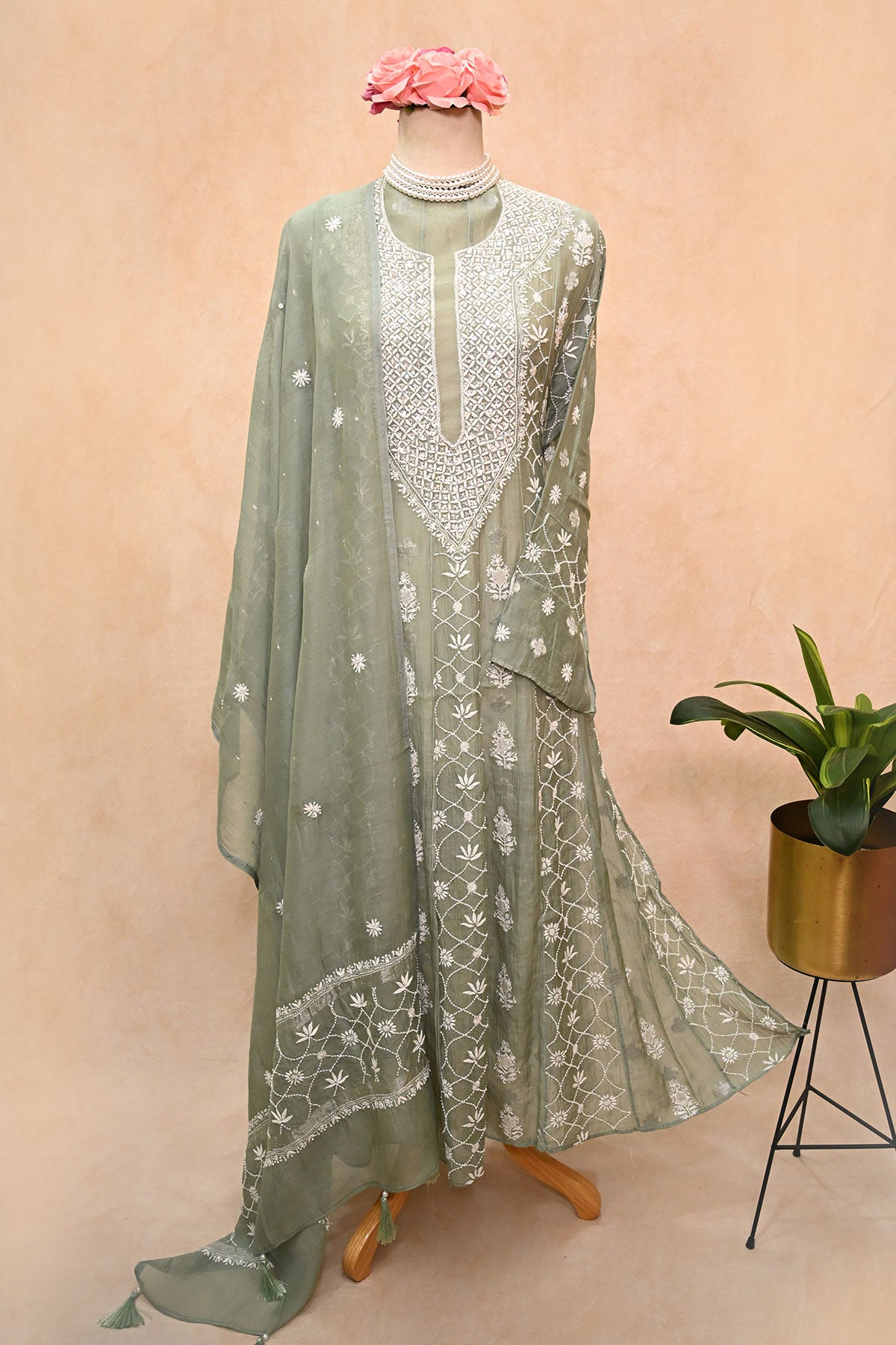 Sea Green soft Chanderi Chikankari Anarkali