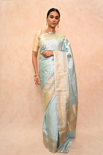 Handwoven Turquoise Blue Mushru Charmeuse Satin Saree with Zari & Resham Motifs