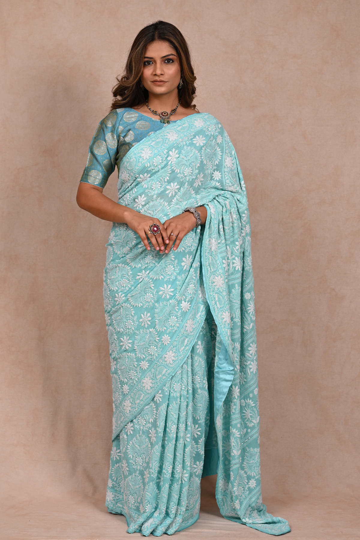 Sea Blue Pure Georgette Chikankari saree