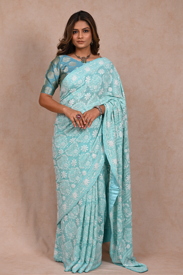 Sea Blue Georgette Chikankari saree