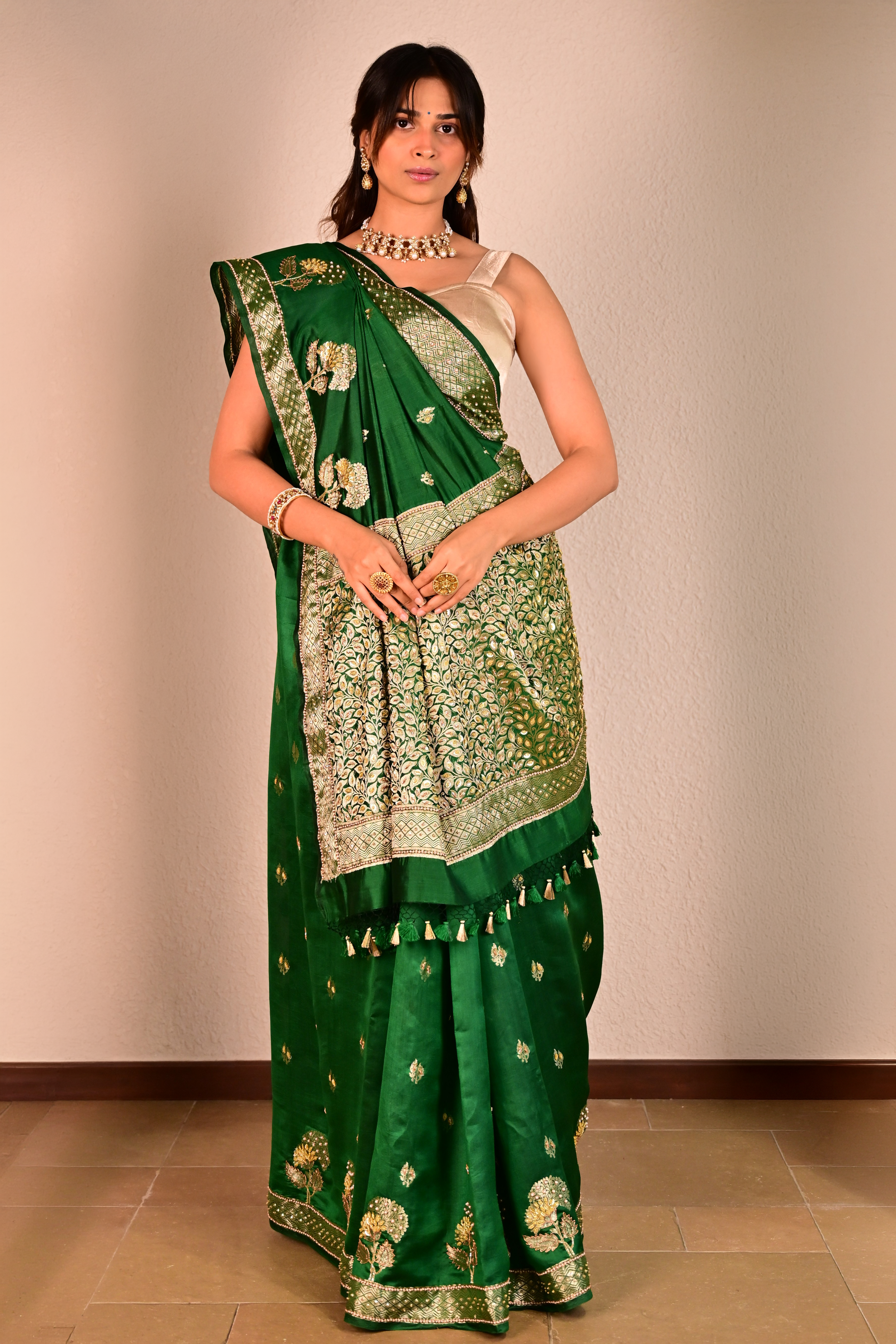 Emerald Green Katan Silk Handcrafted Saree