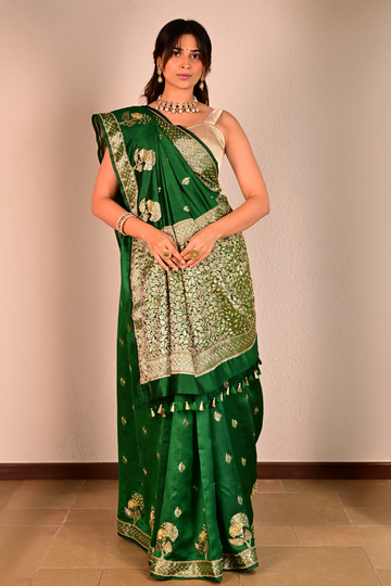 Emerald Green Katan Silk Handcrafted Saree
