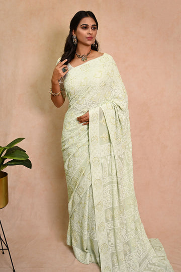 Mint Green Georgette Chikankari saree