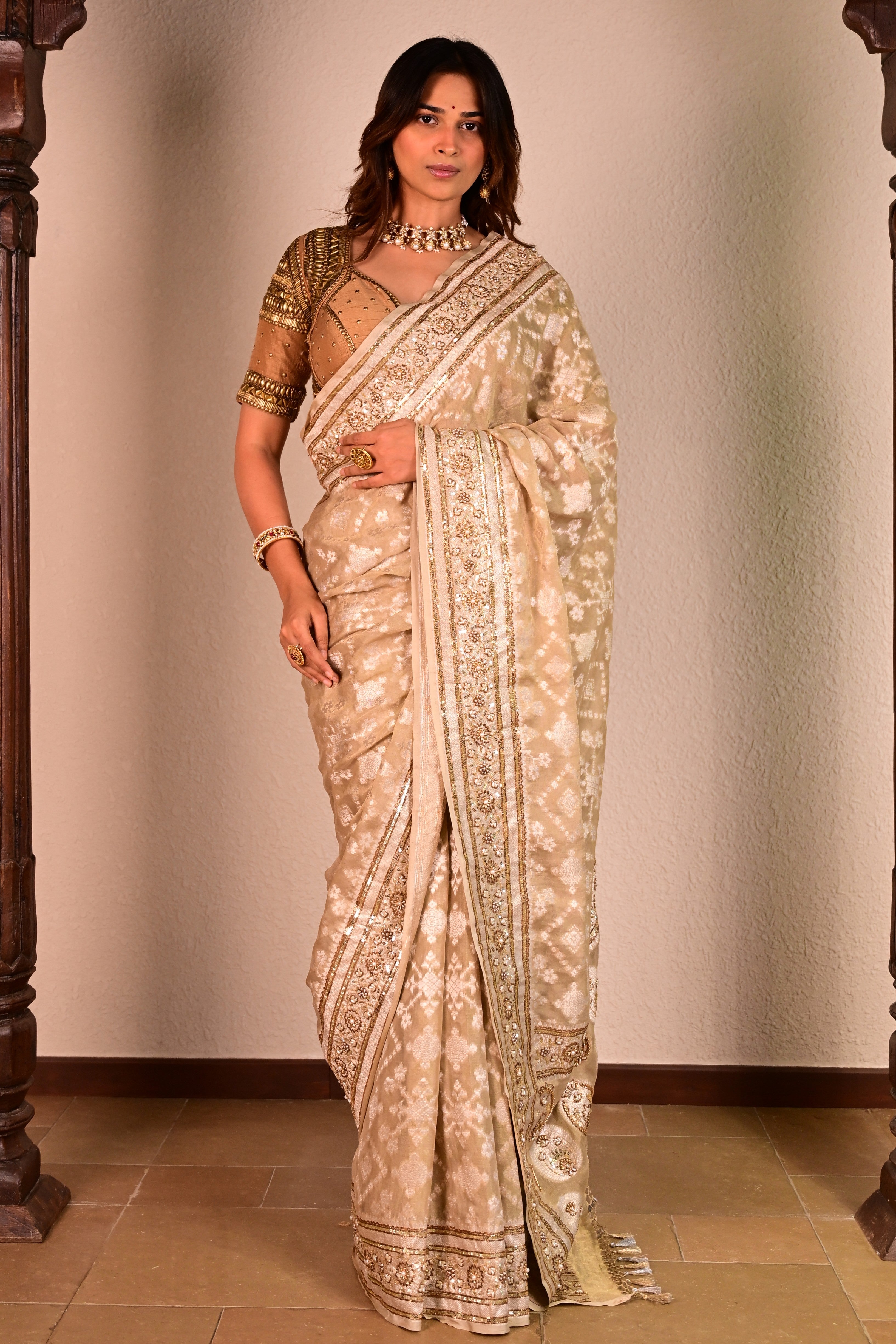 Champagne Gold Tissue Georgette Handcrafted Saree
