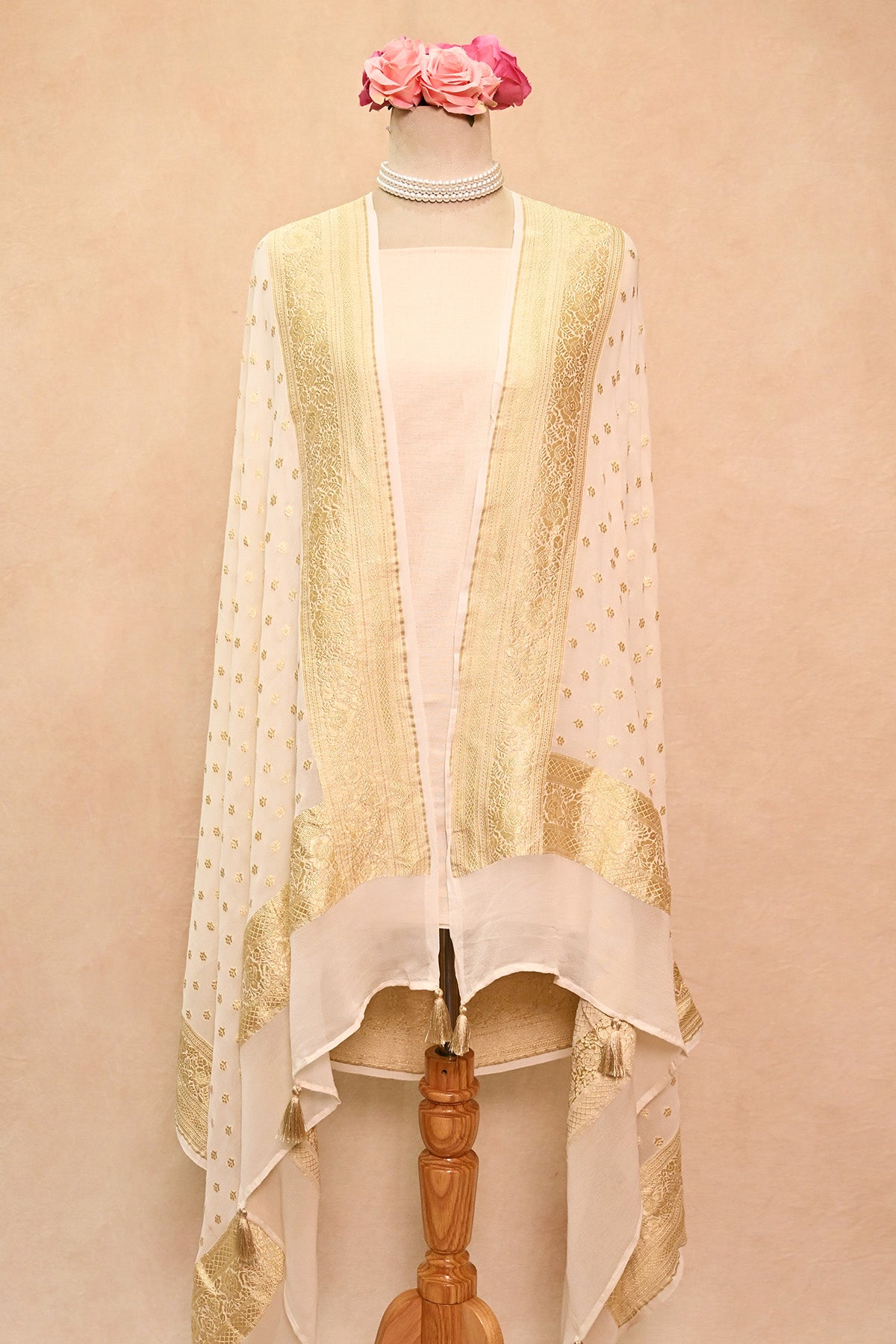 Off White Khaddi Georgette Banarasi Dupatta with Floral Buti