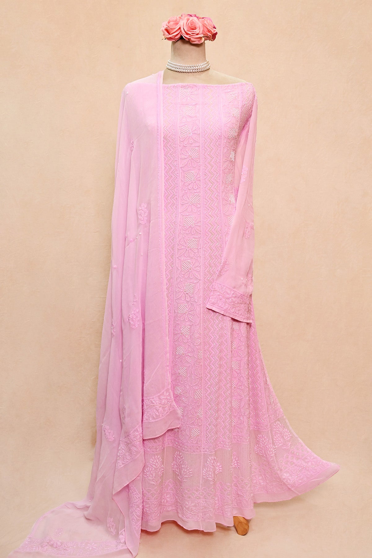 Pink Viscose Georgette Chikankari Anarkali