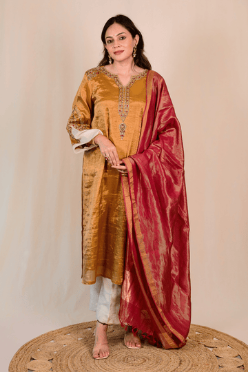 Yellow Ochre Tissue Silk Zardozi Suit