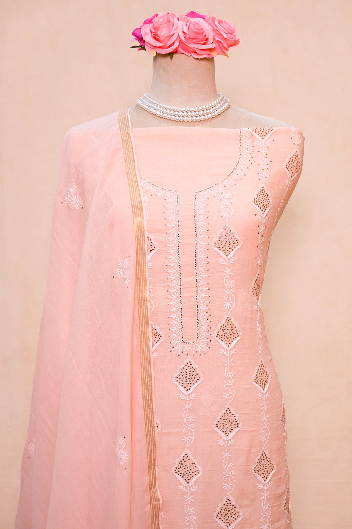 Light Peach Mul Chikankari Suit