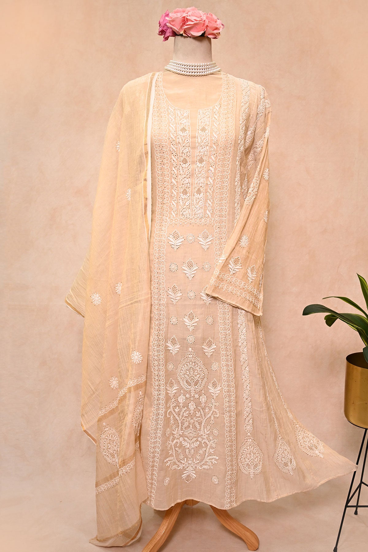 Pure Tissue Chanderi Chikankari Anarkali