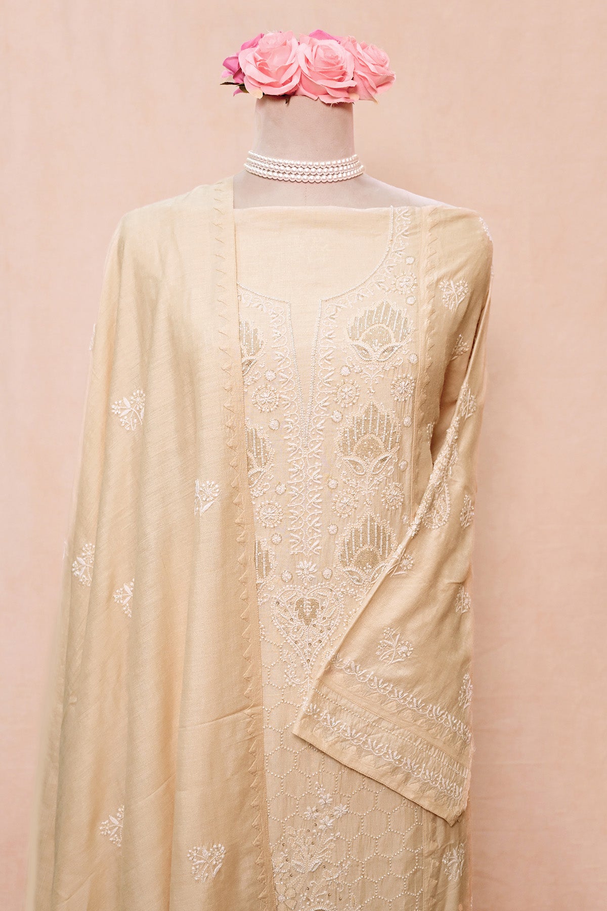 Cream Moonga Silk Chikankari Suit