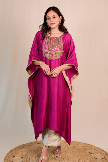 Dark Magenta Dupion Silk Zardozi Kaftan