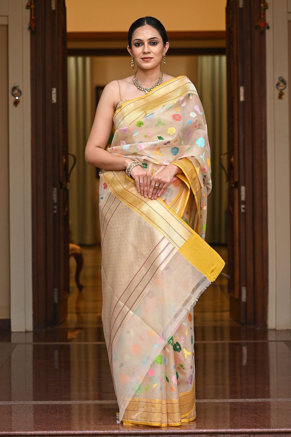 Organza Silk Banarasi Saree with Colorful Floral Motifs