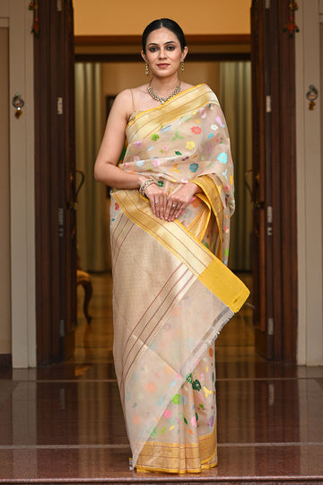 Organza Silk Banarasi Saree with Colorful Floral Motifs