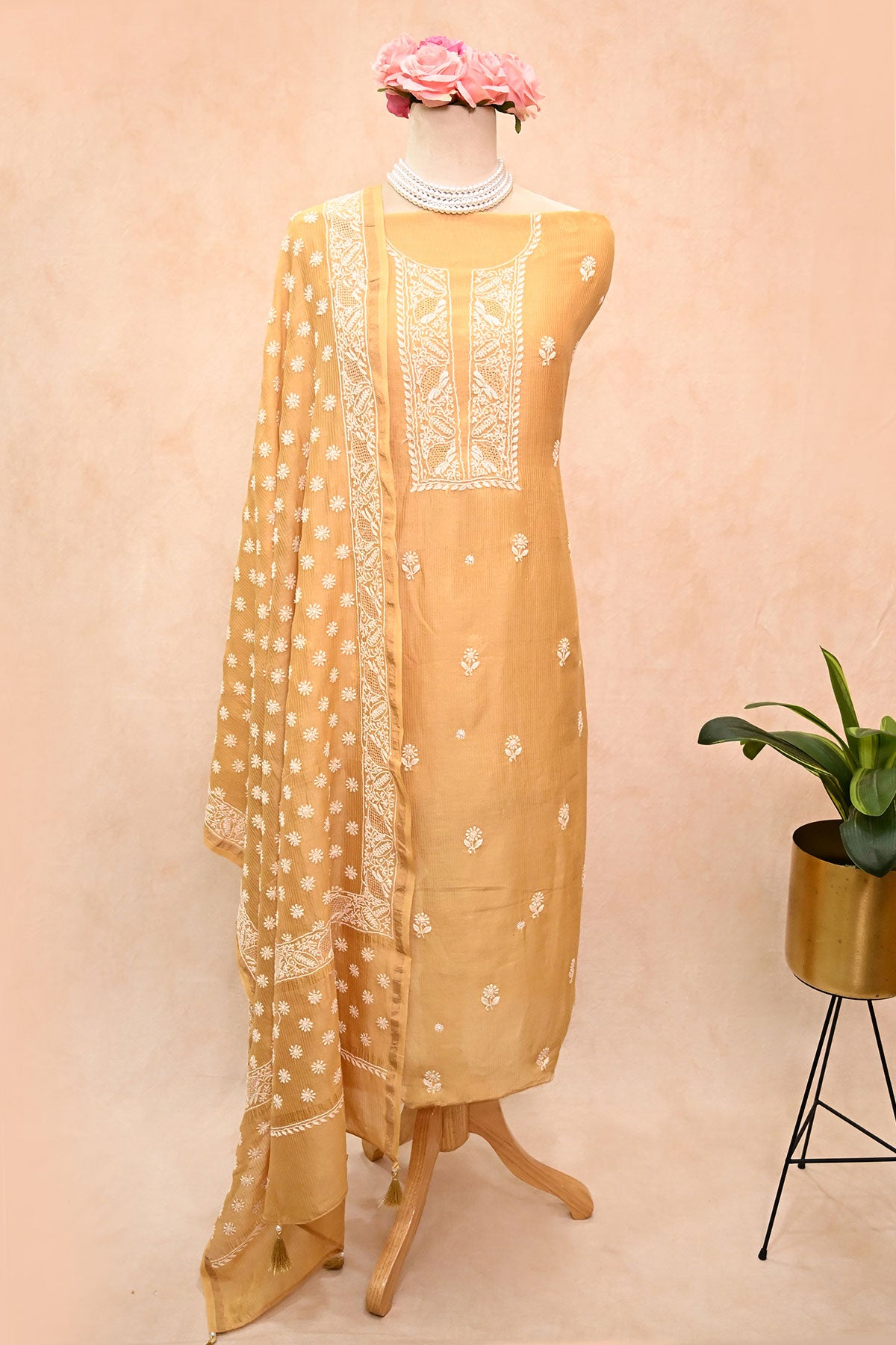Mustard Pure Maheshwari Chikankari Suit