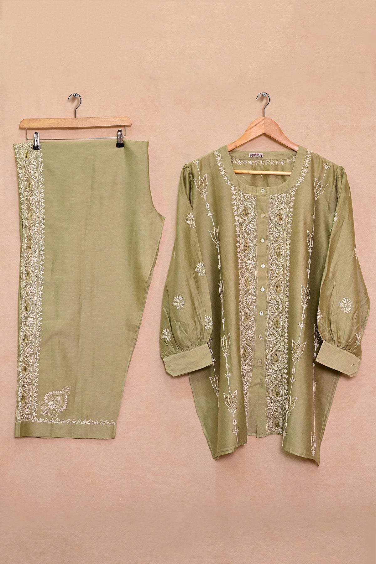 Sage Green Chanderi Chikankari Co-ord set
