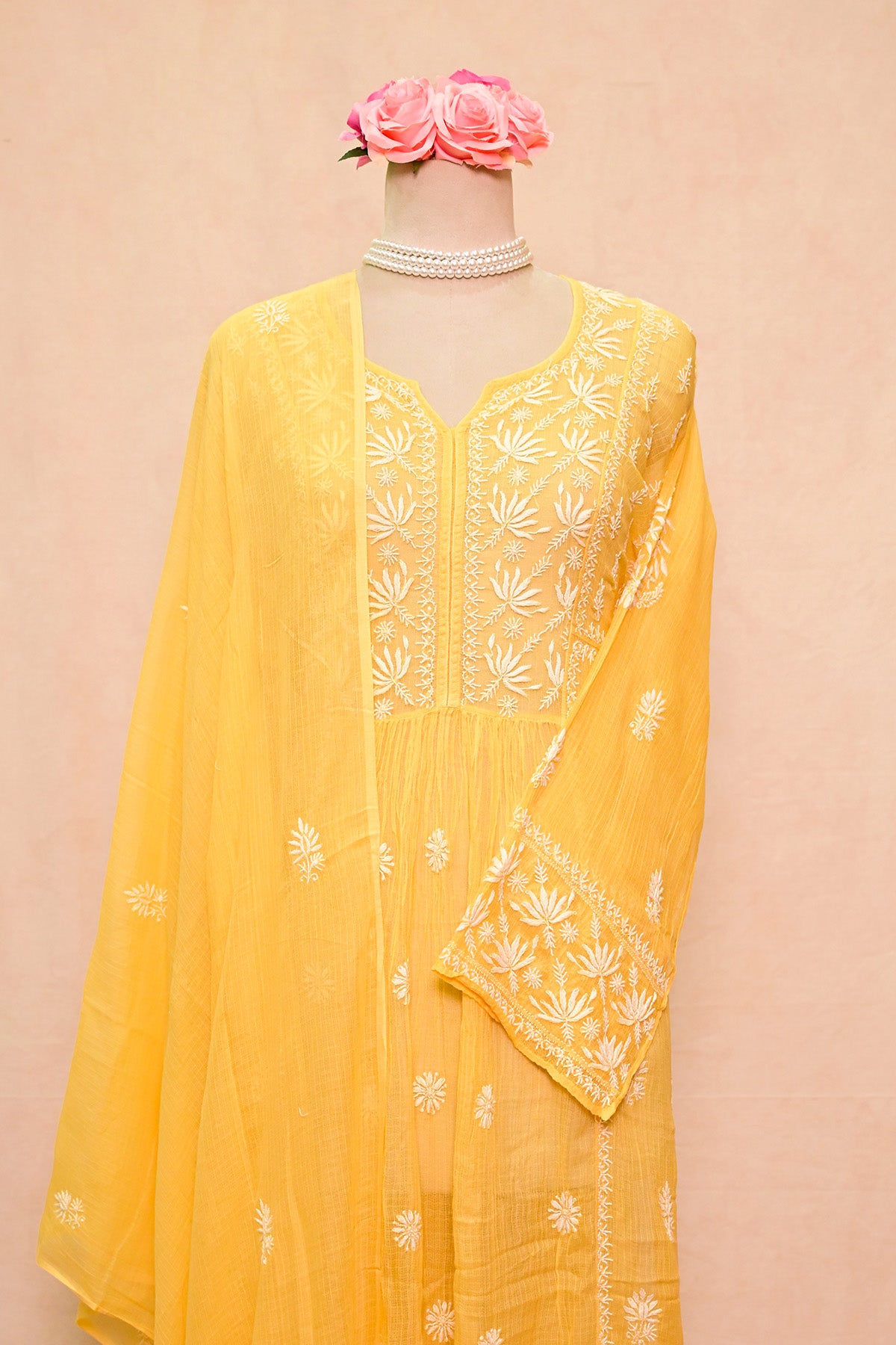 Pastel Yellow Kota Cotton Silk Chikankari Suit