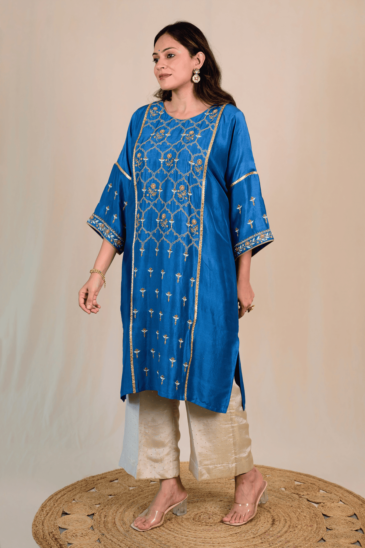 Teal Blue Dupion Silk Zardozi Kaftan