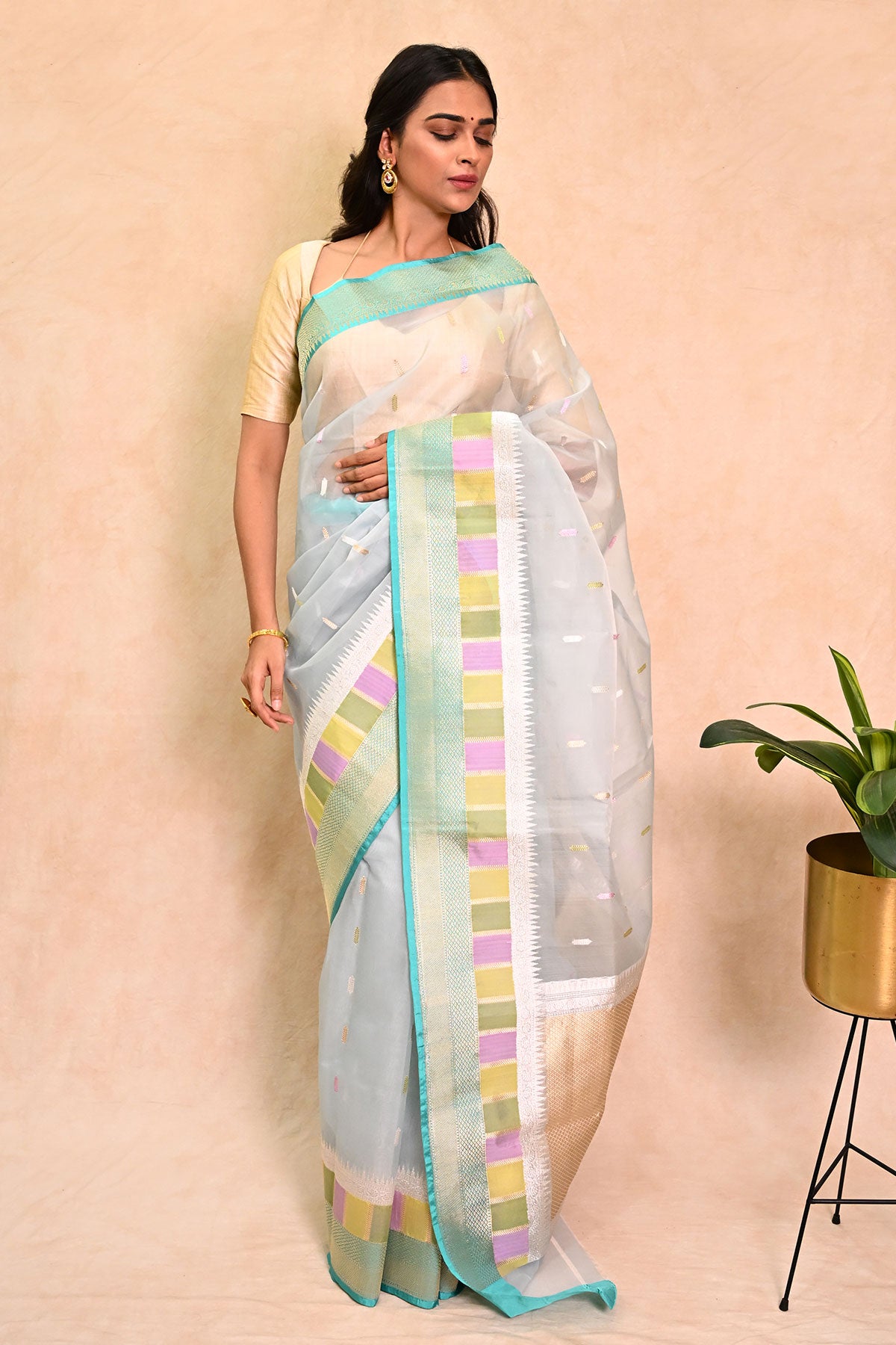 Light Blue Organza Saree with Golden Zari Booti