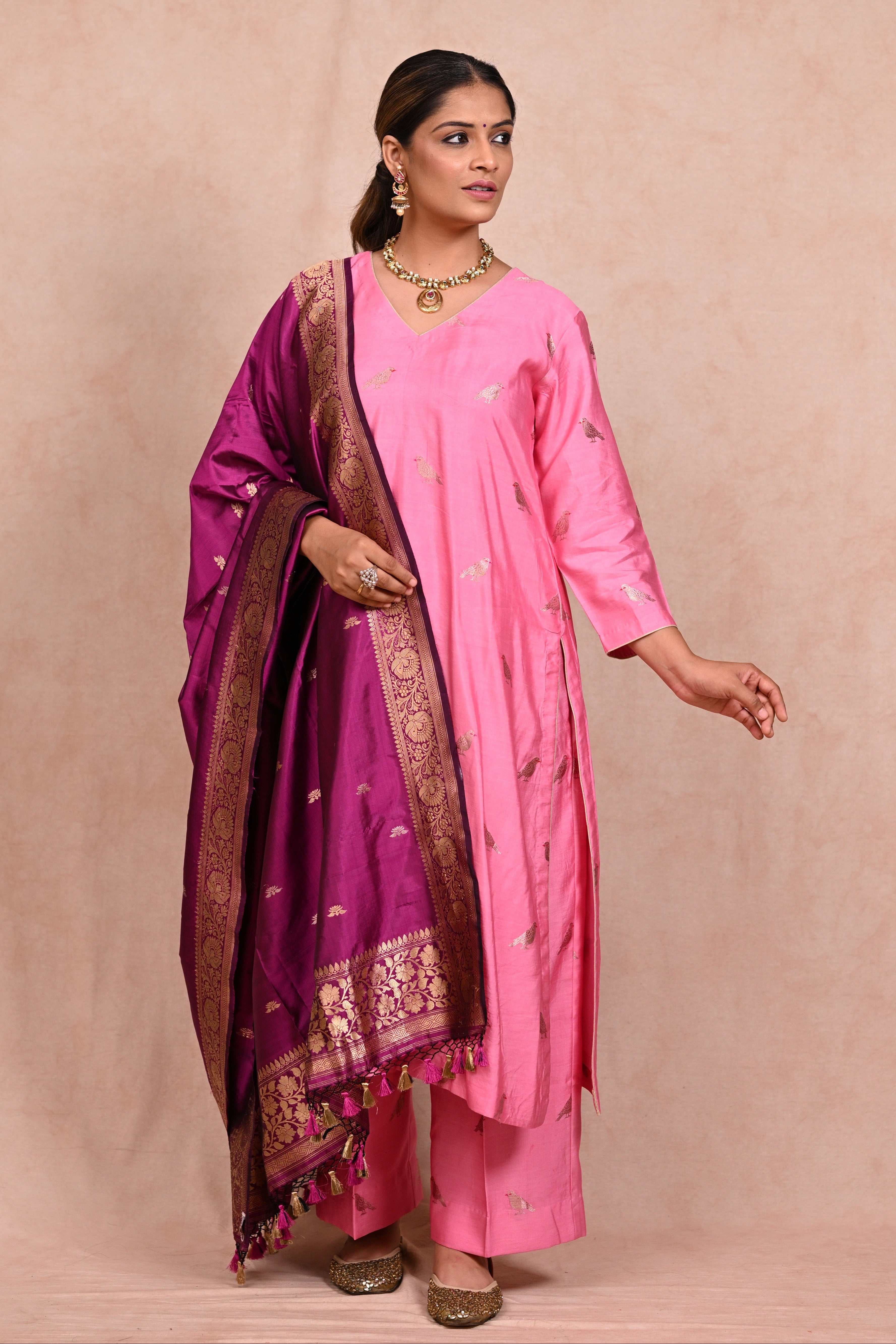 Blossom Pink Chiniya Silk Banarasi Suit