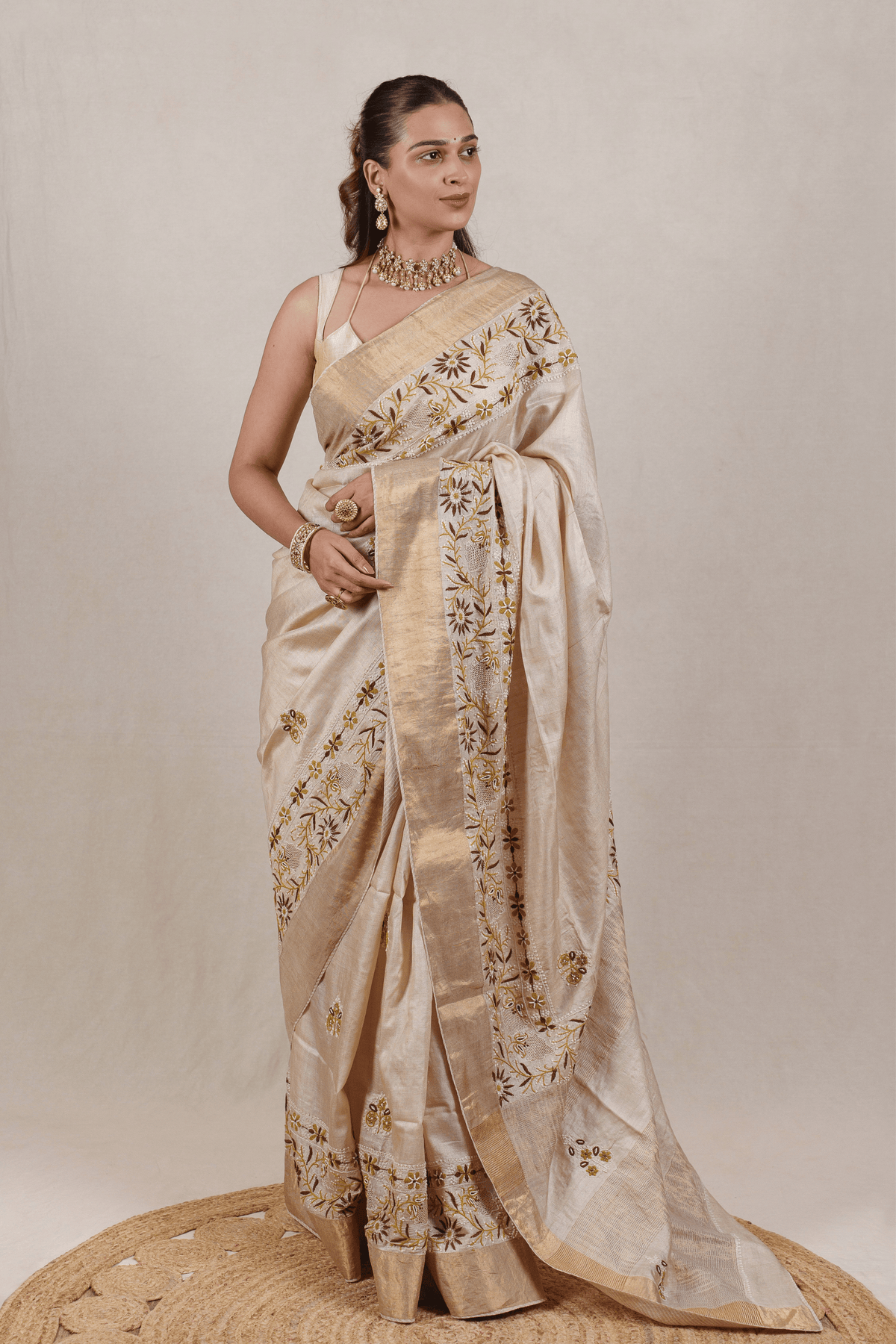 Beige Moonga Tussar Chikankari Saree