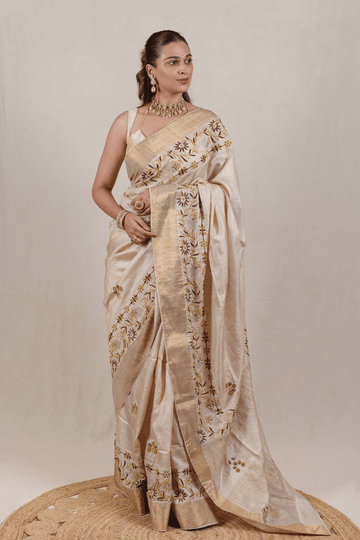 Beige Moonga Tussar Chikankari Saree