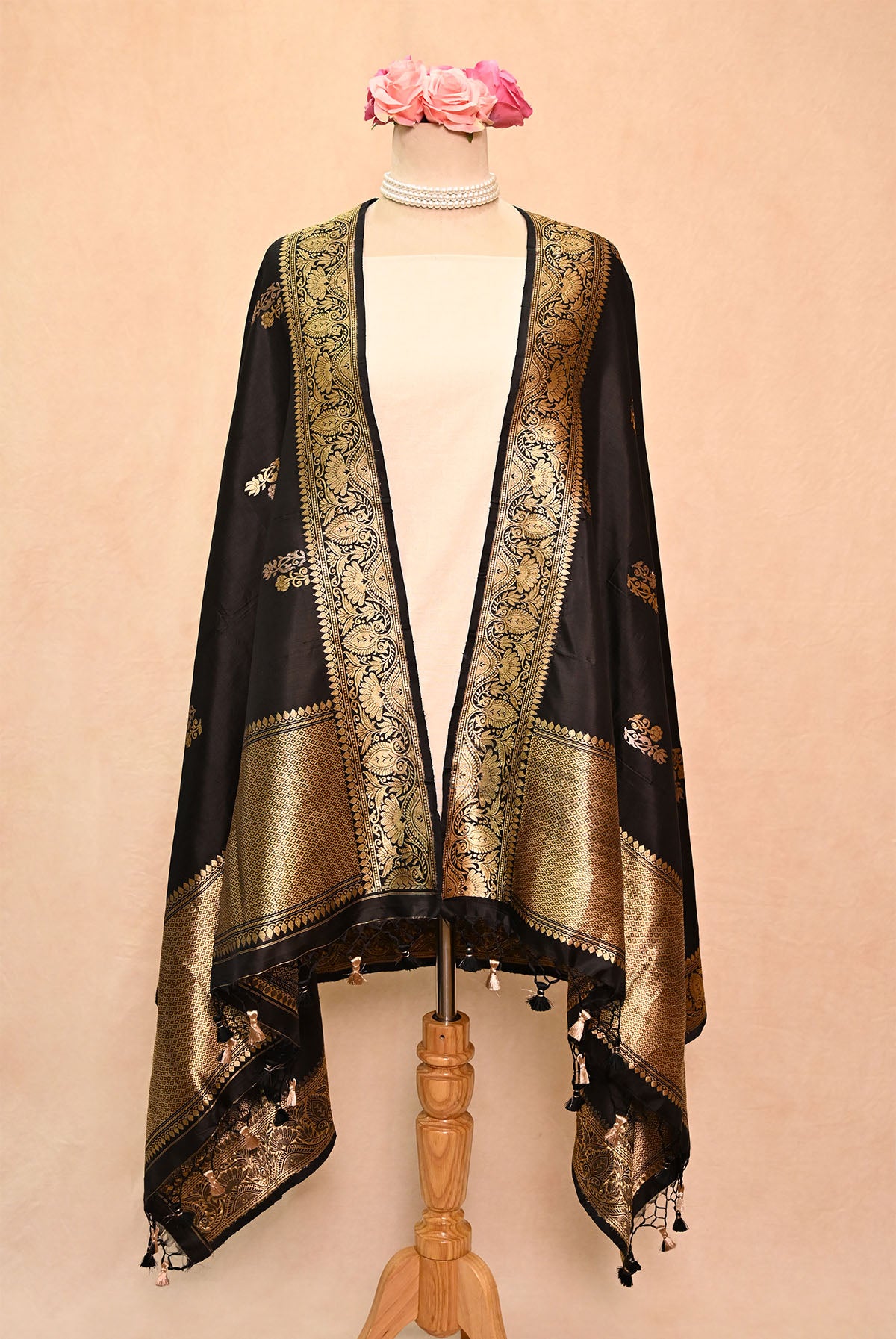 Black Katan Silk Banarasi Dupatta with Double Zari Butta