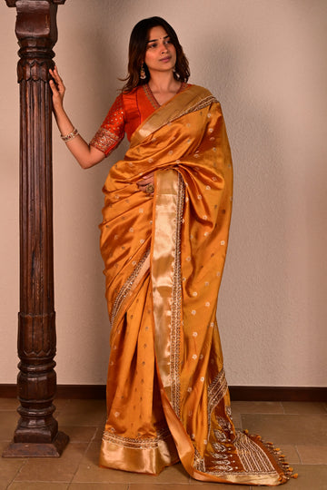 Mustard Yellow Katan Silk Handcrafted Saree