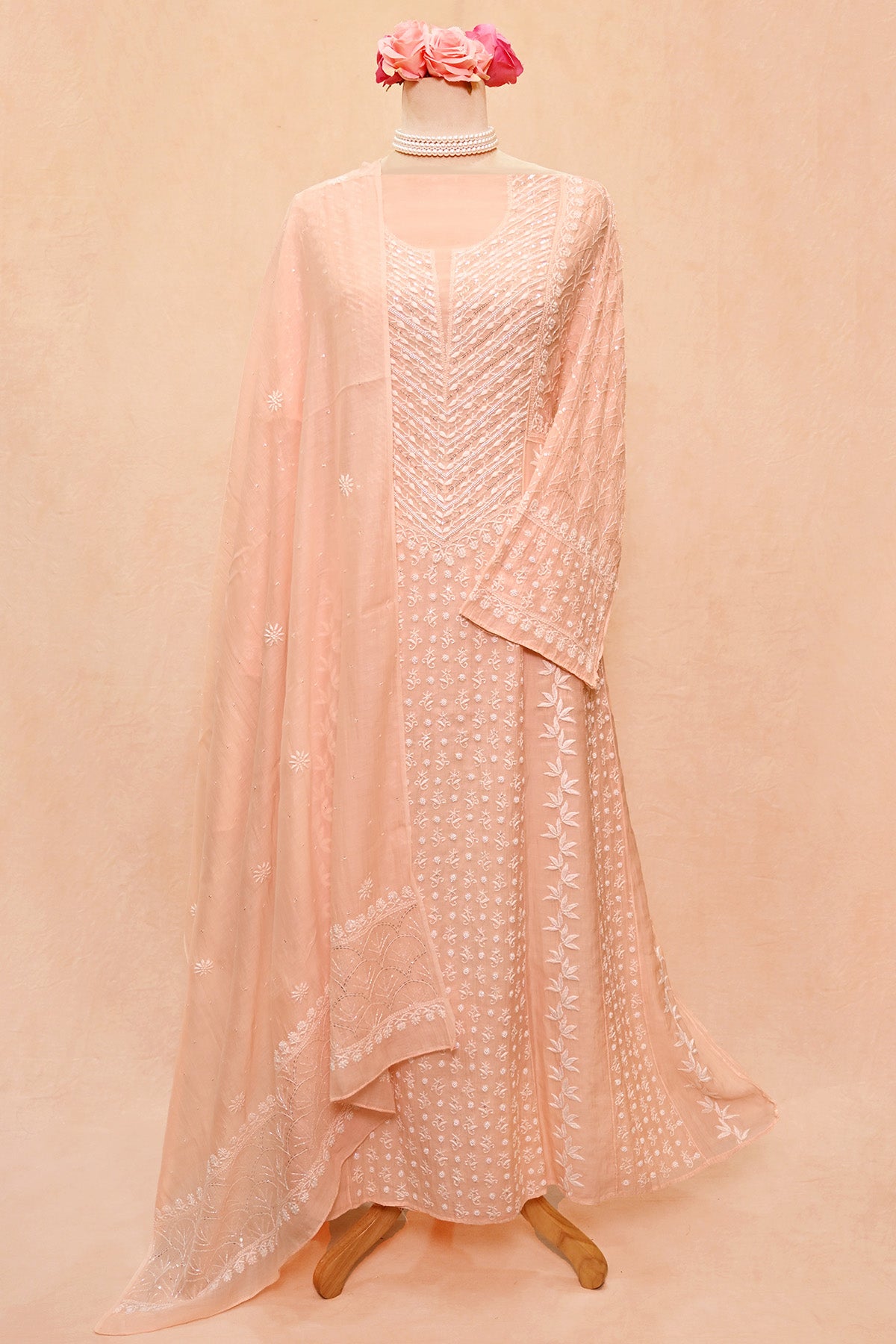 Light Peach Chanderi Chikankari Anarkali