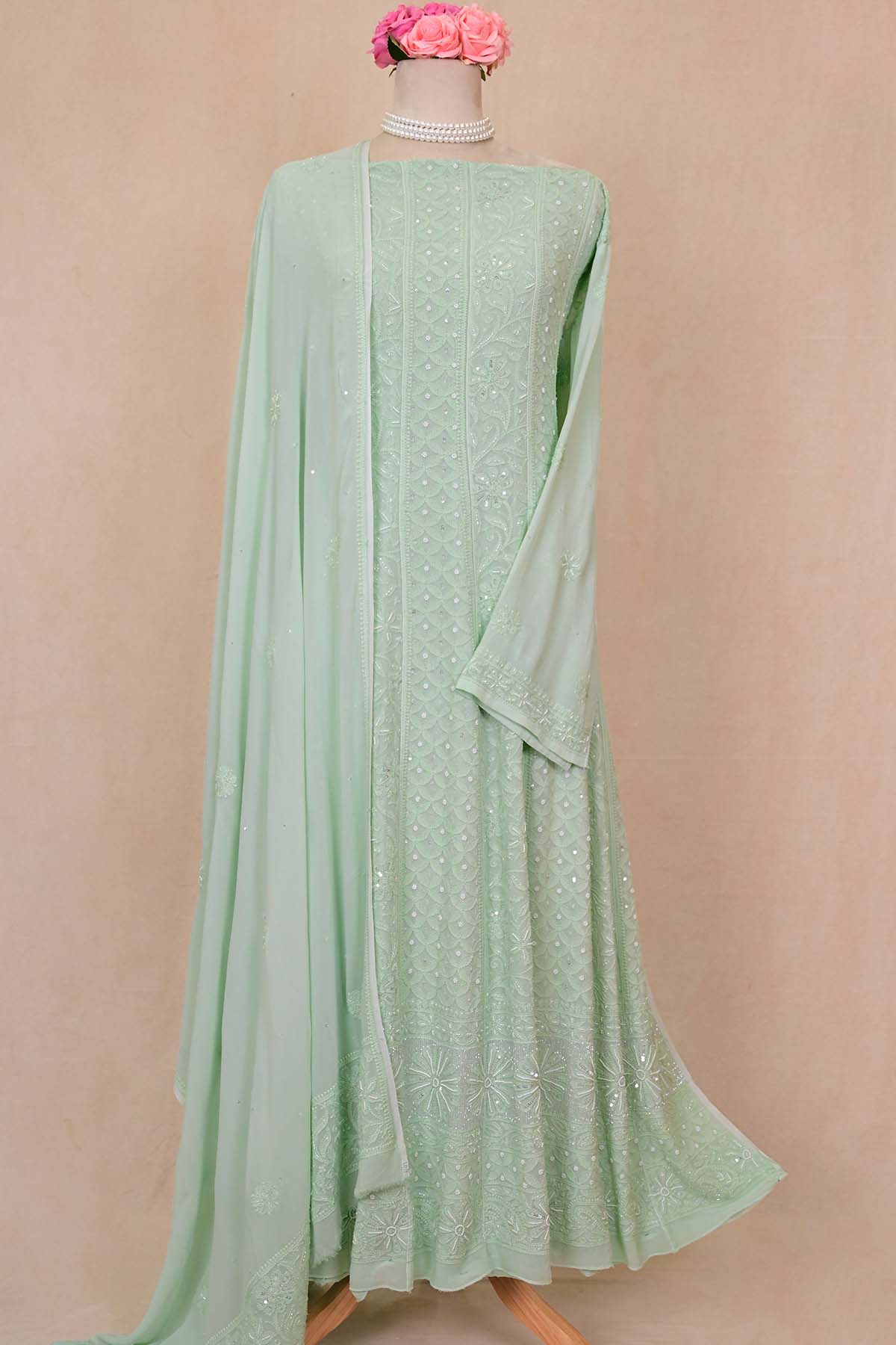 Light Sea Green Viscose Georgette Chikankari Anarkali