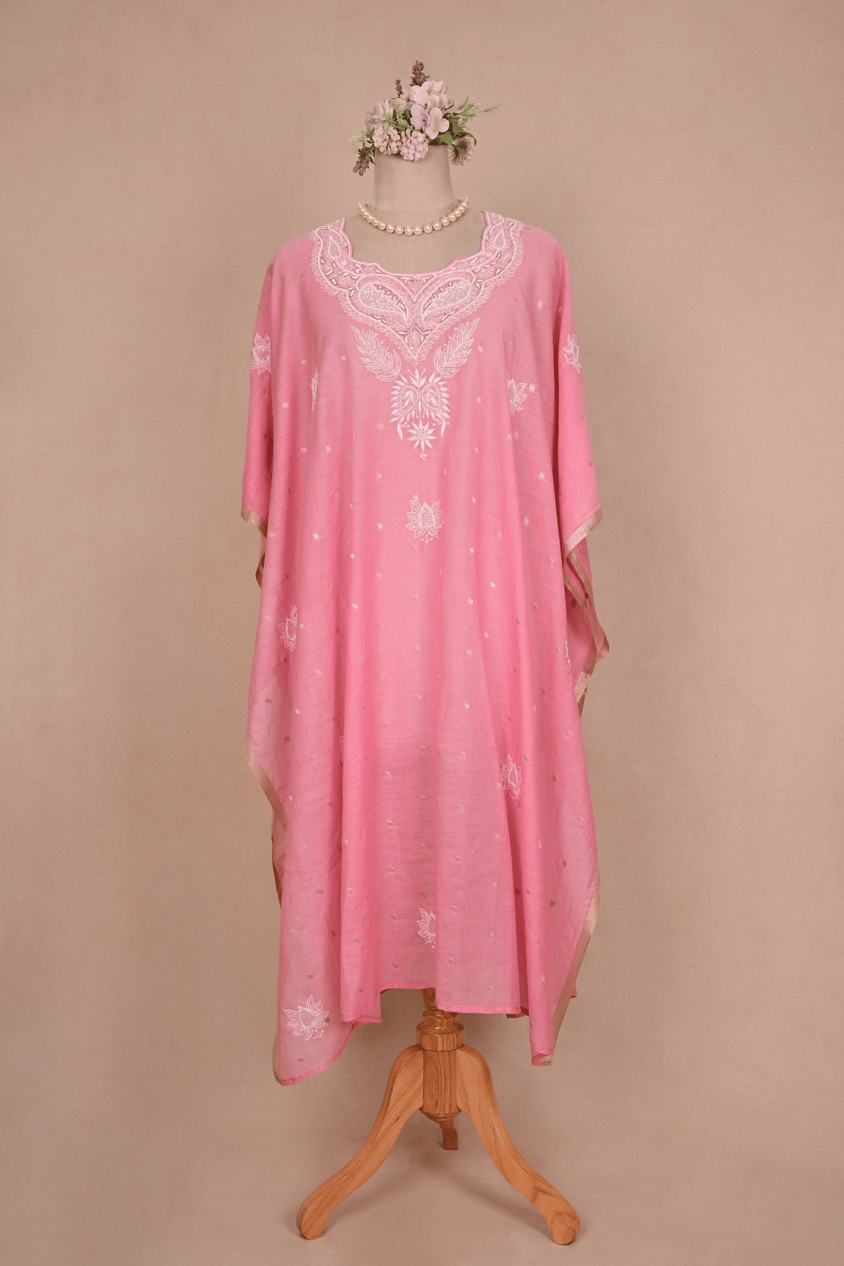 Blush Pink Banarasi Chanderi Chikankari Kaftan