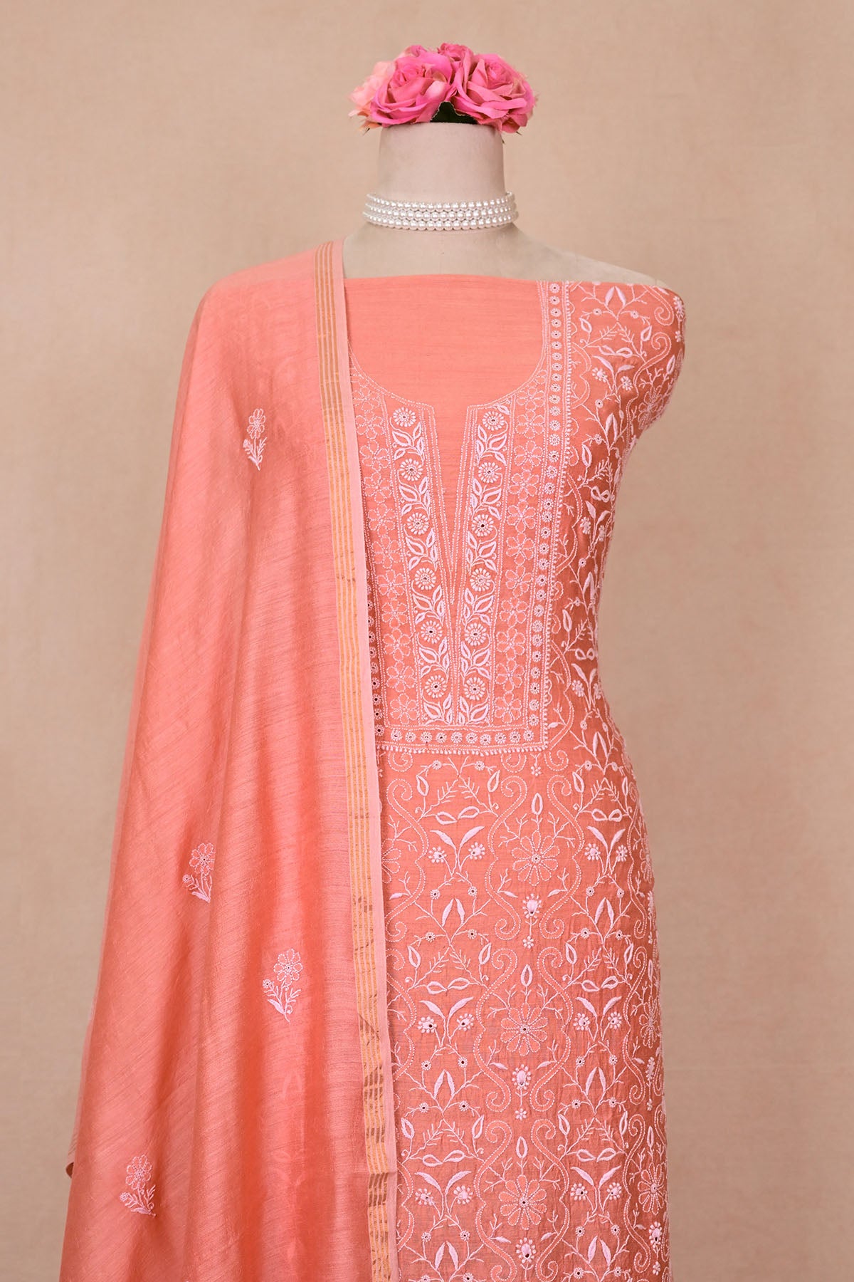 Coral Pink Moonga Silk Chikankari Suit