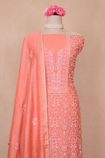 Coral Pink Moonga Silk Chikankari Suit