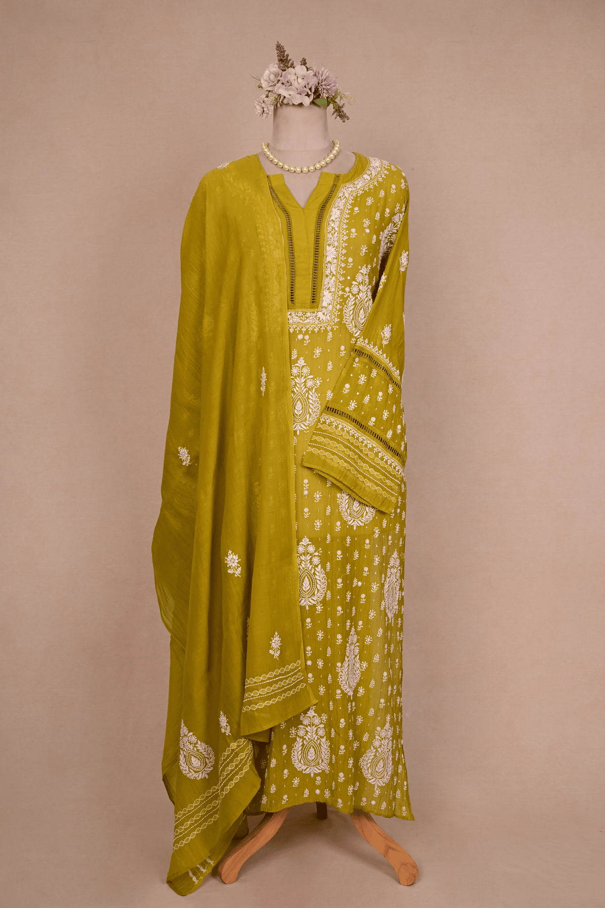 Parrot Green Mul Chanderi Chikankari Suit
