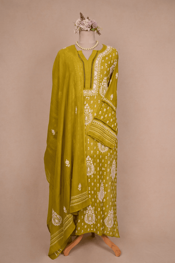Parrot Green Mul Chanderi Chikankari Suit