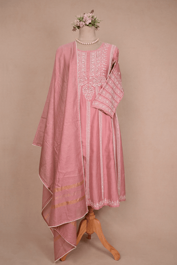 Vintage Rose Pink Chanderi Chikankari Anarkali
