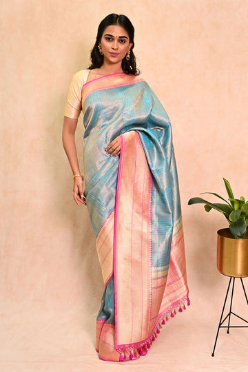 Blue Katan Tissue Banarasi Silk Saree