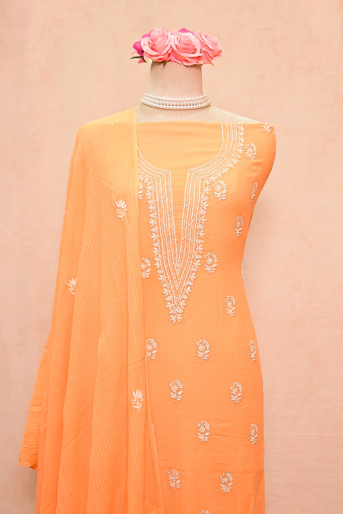 Pastel Orange Mangalagiri Chikankari Suit