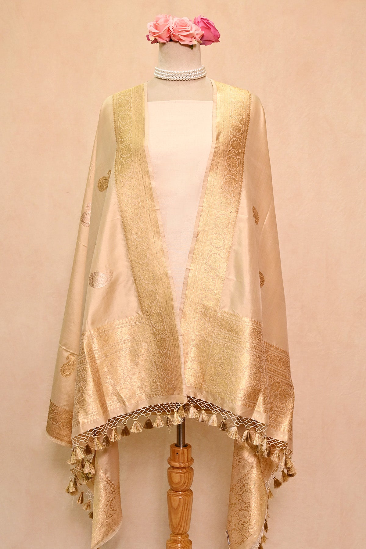 Beige Katan Silk Banarasi Dupatta with Paisely Motifs