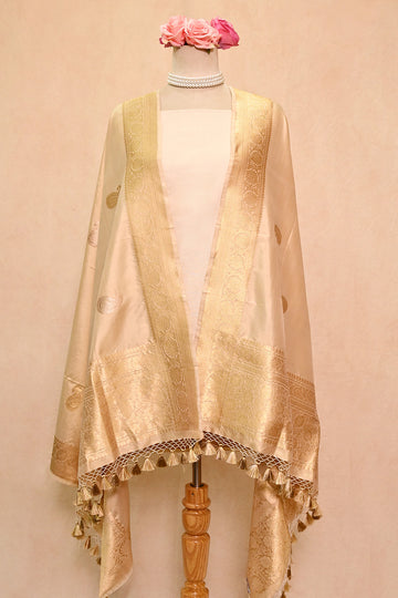 Beige Katan Silk Banarasi Dupatta with Paisely Motifs