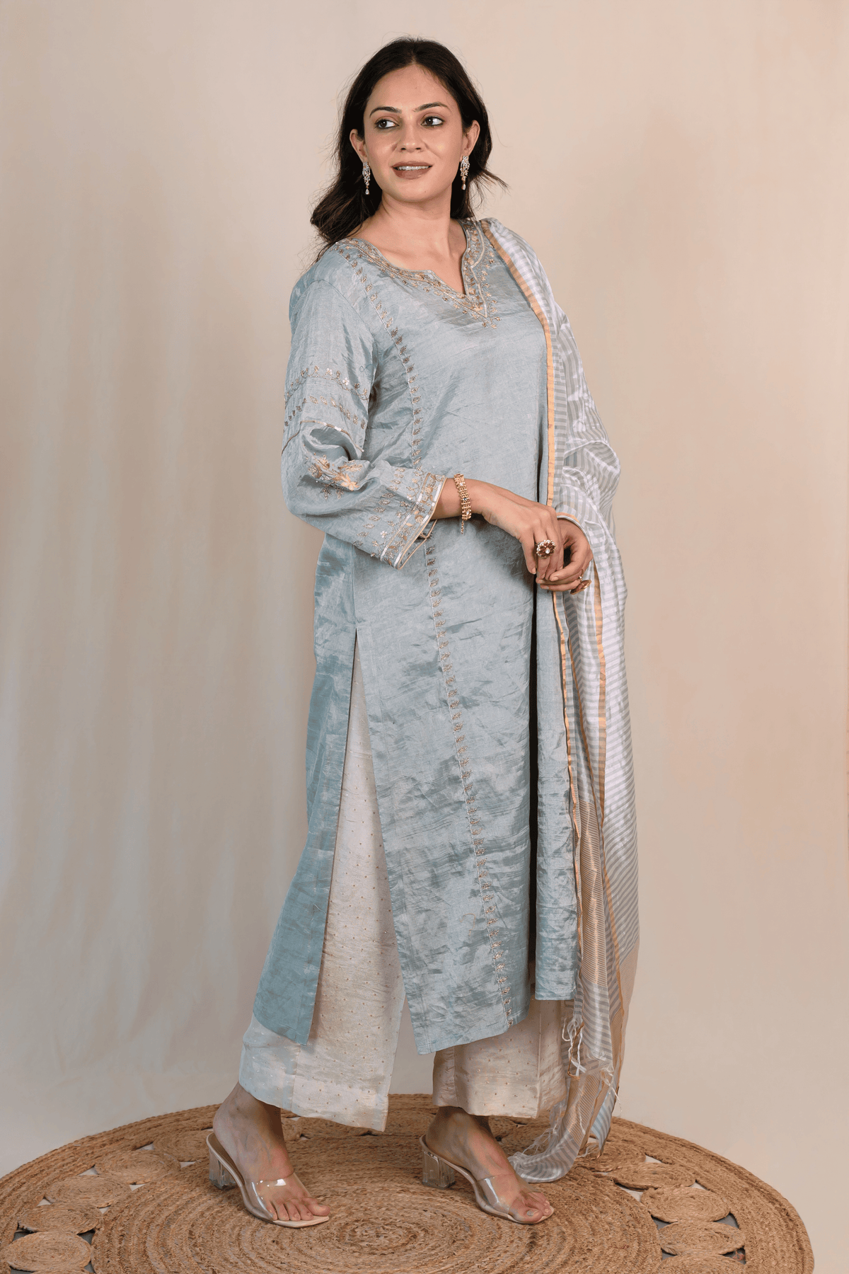 Pearl Blue Tissue Chanderi Zardozi Suit