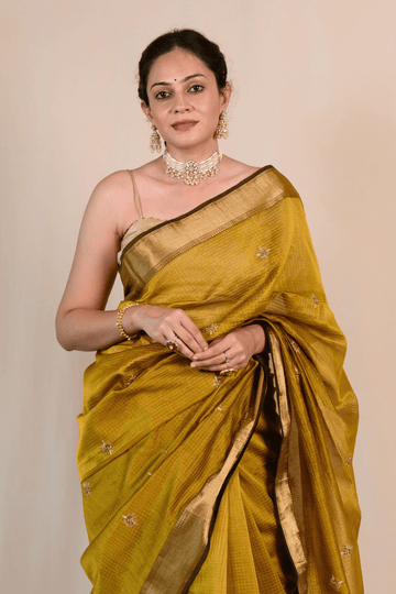 Warm Ochre Maheshwari Silk Zardozi Saree