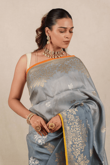 Ombre Grey Tussar Georgette Banarasi Saree