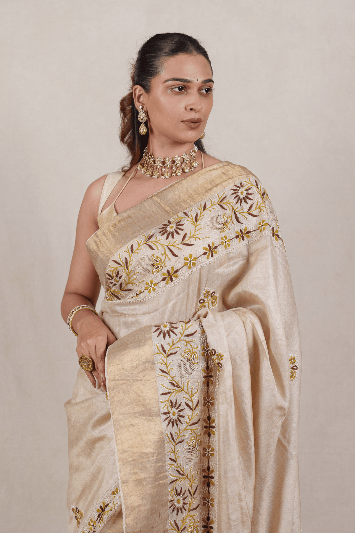 Beige Moonga Tussar Chikankari Saree