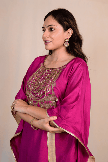 Dark Magenta Dupion Silk Zardozi Kaftan